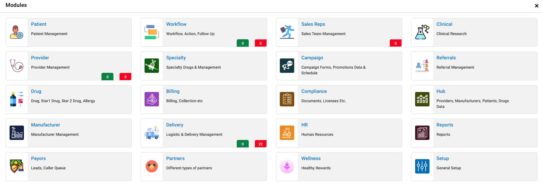 Pharmacy CRM module dashboard